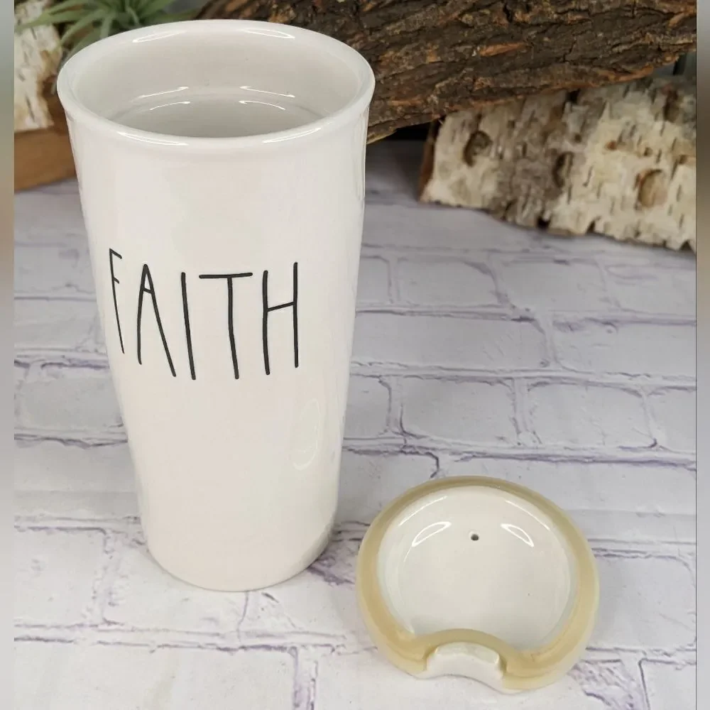 Rae Dunn FAITH Ceramic Travel Tumbler Mug with Lid